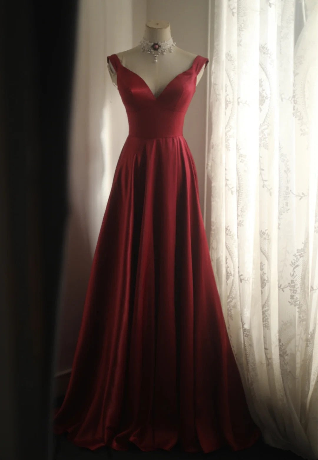 formaldressy-Sleeveless Wine - Red Satin A - line Floor - length Evening Dress gh5832
