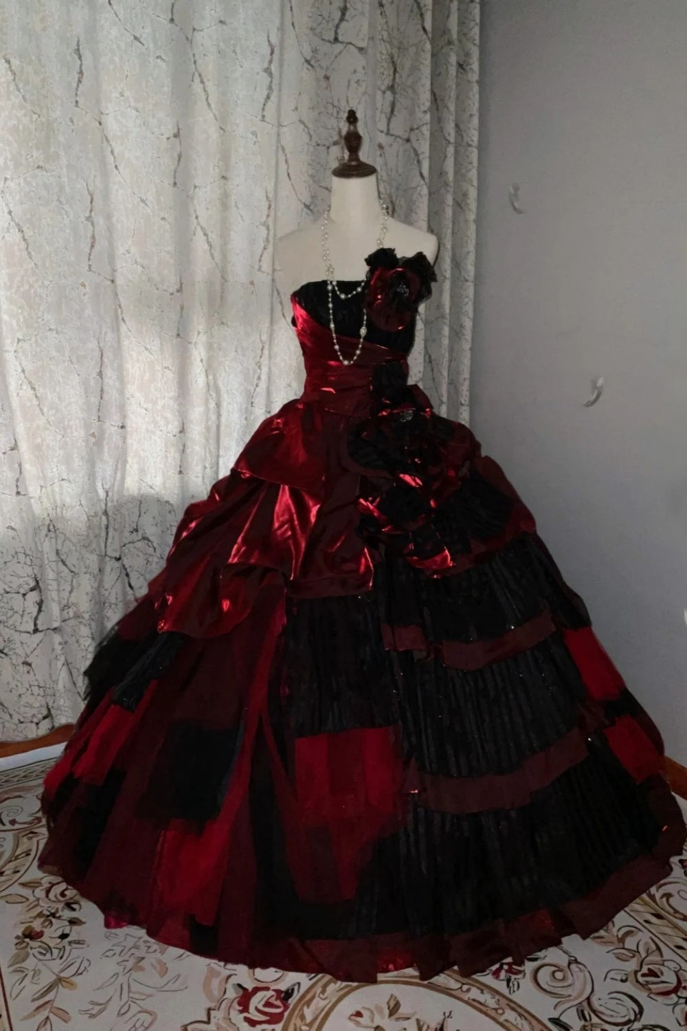 formaldressy-Burgundy-Black Paneled Shiny Satin Strapless Sleeveless Floor-Length Gothic Ball Gown gh6317