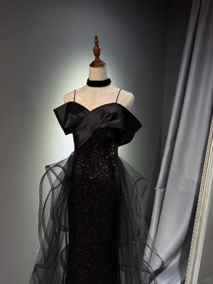 formaldressy -Black shiny elegant long sequined tulle Prom dress evening gown graduation dress gh5107