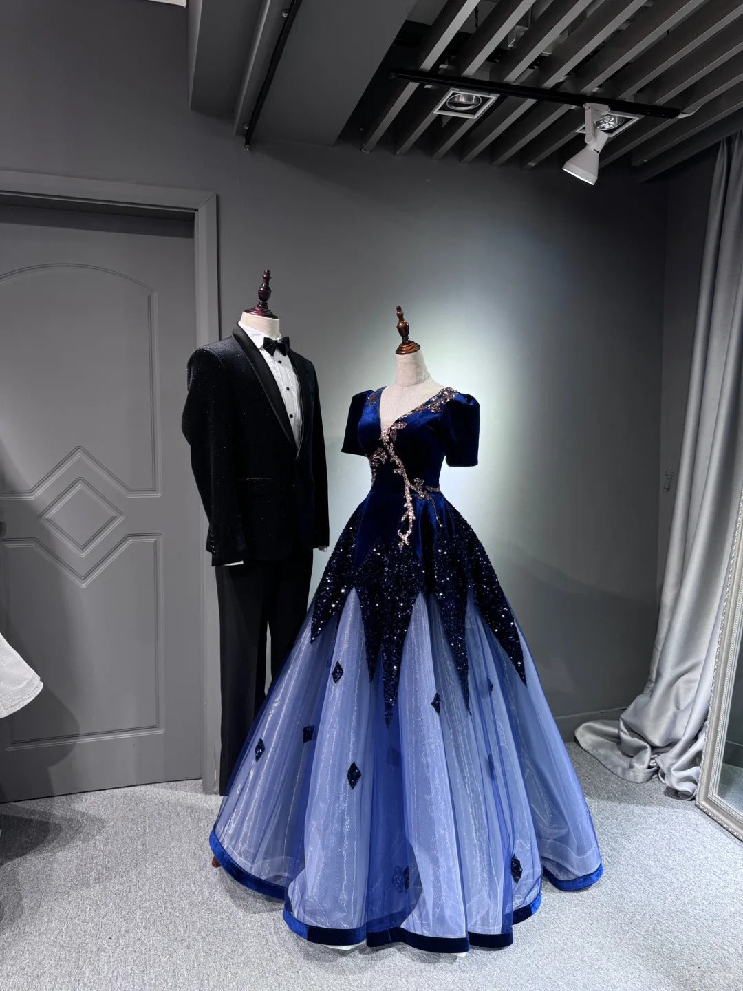 formaldressy -Blue shiny long sequined tulle ball gown evening dress graduation dress gh5110
