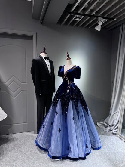 formaldressy -Blue shiny long sequined tulle ball gown evening dress graduation dress gh5110