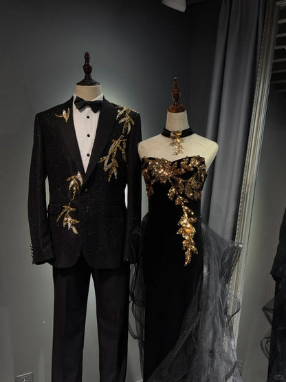 formaldressy -Black shiny elegant long gold sequined tulle trailing ball gown evening gown graduation gown gh5108