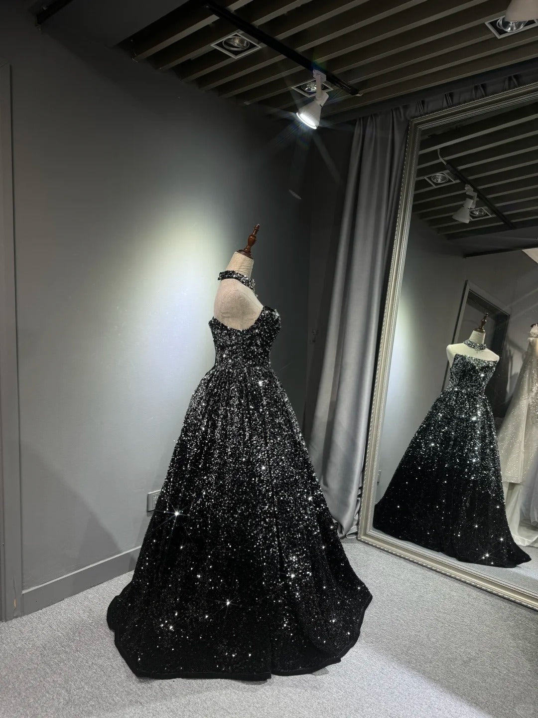 formaldressy -Black silver gradient shimmering long sequined tulle ball gown evening dress gh5109