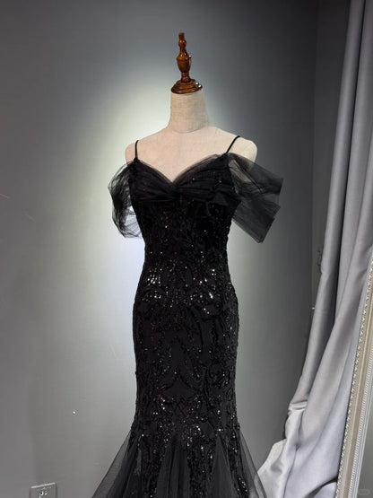 formaldressy -Black shiny mermaid long sequined ball gown evening dress graduation dress gh5112