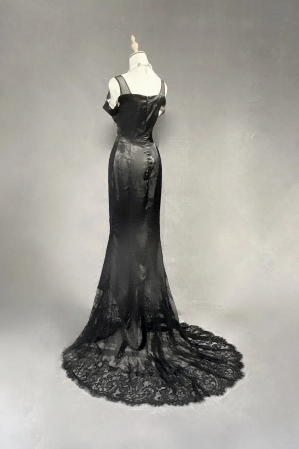 formaldressy-Black Satin Lace Long Dress gh6247