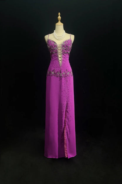 formaldressy-Purple beaded long satin Prom dress gh6245