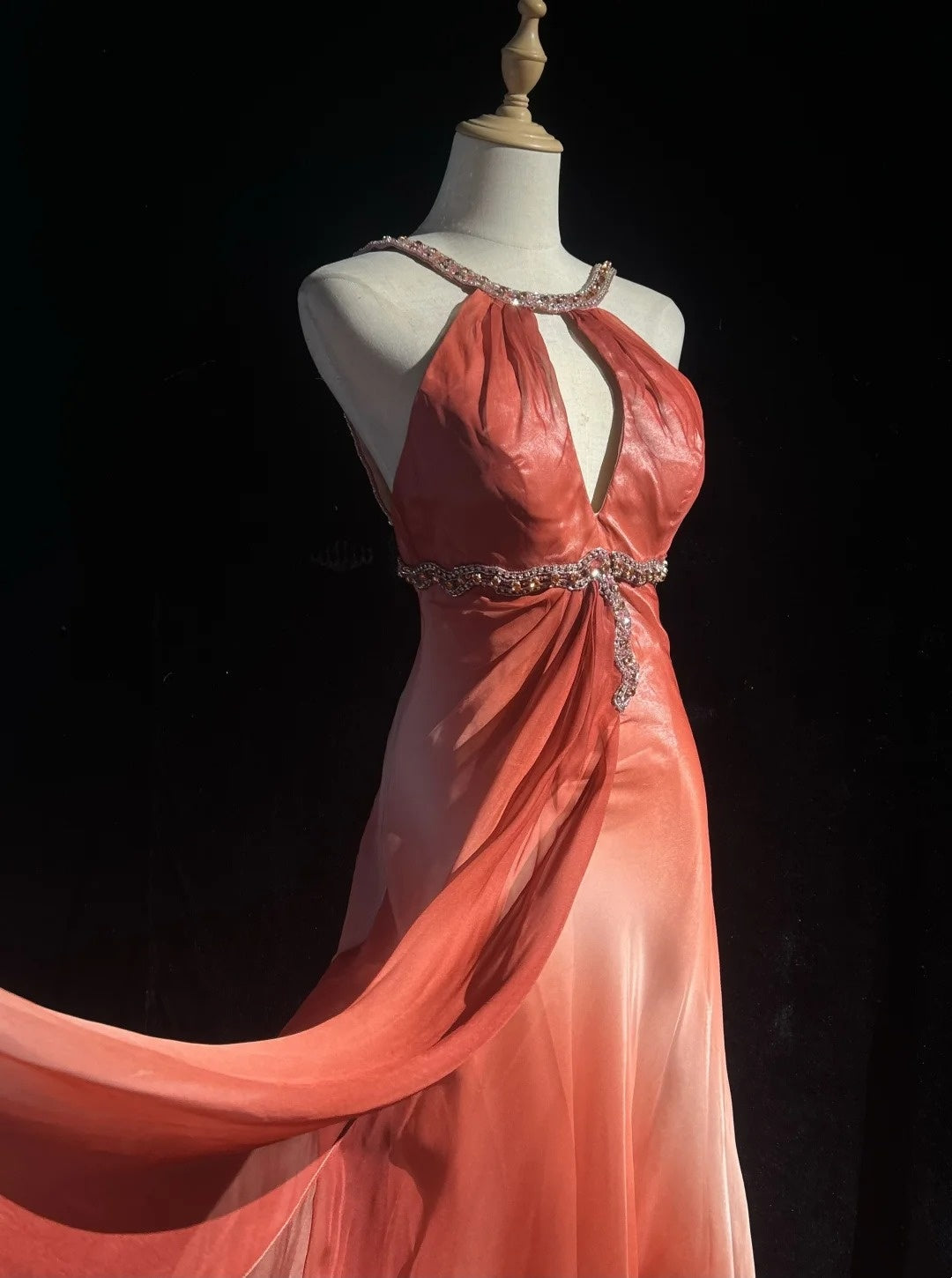formaldressy-Orange Elegant Gradient Beaded Long Chiffon Prom Dress gh6246