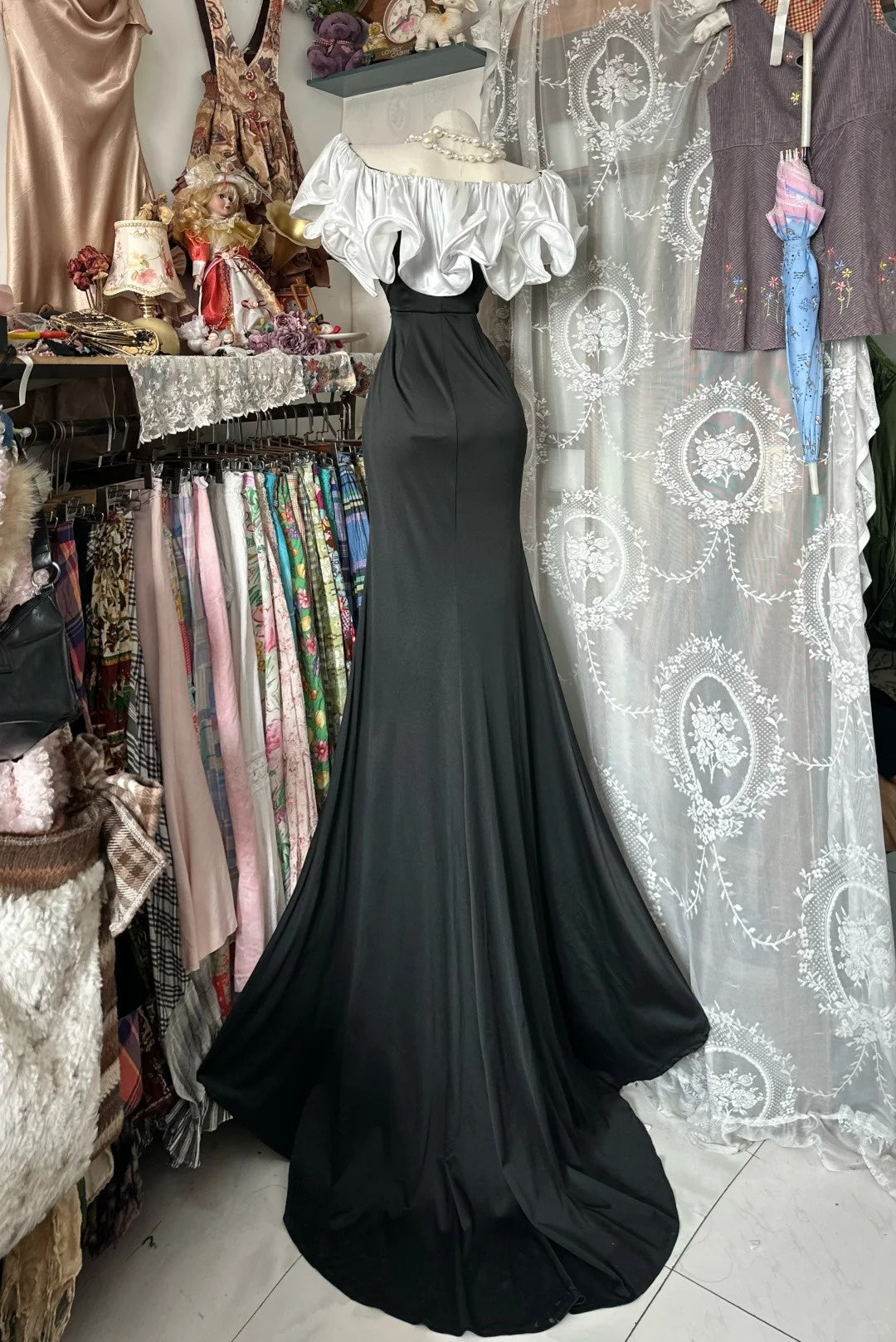 formaldressy-Black And White Long Floor-Length Satin Prom Dress gh6234