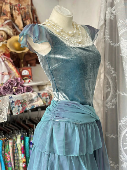 formaldressy-Blue vintage velvet ruffle short chiffon homecoming dress birthday party dress gh5431