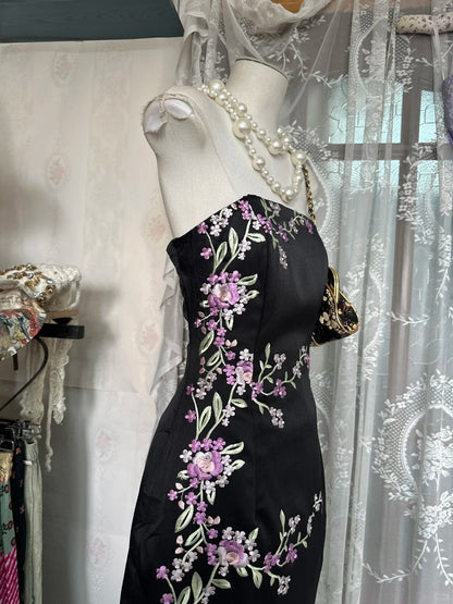 formaldressy-Black floral long satin Prom dress evening dress birthday party dress gh5183
