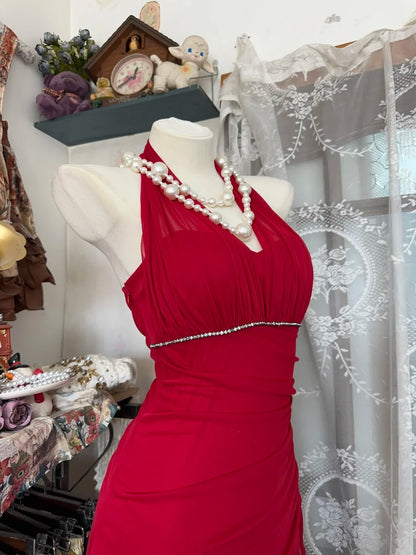 formaldressy-Red suspenders fashion backless retro long chiffon prom dress birthday party dress gh5433