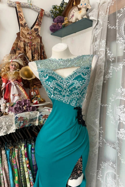 formaldressy-Green retro-style long satin dressgh6126