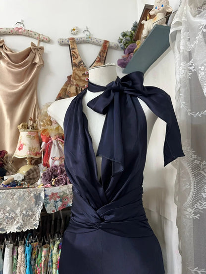 formaldressy-New A-line dark blue simple fashion elegant long satin Prom dress evening dress party dress gh5191