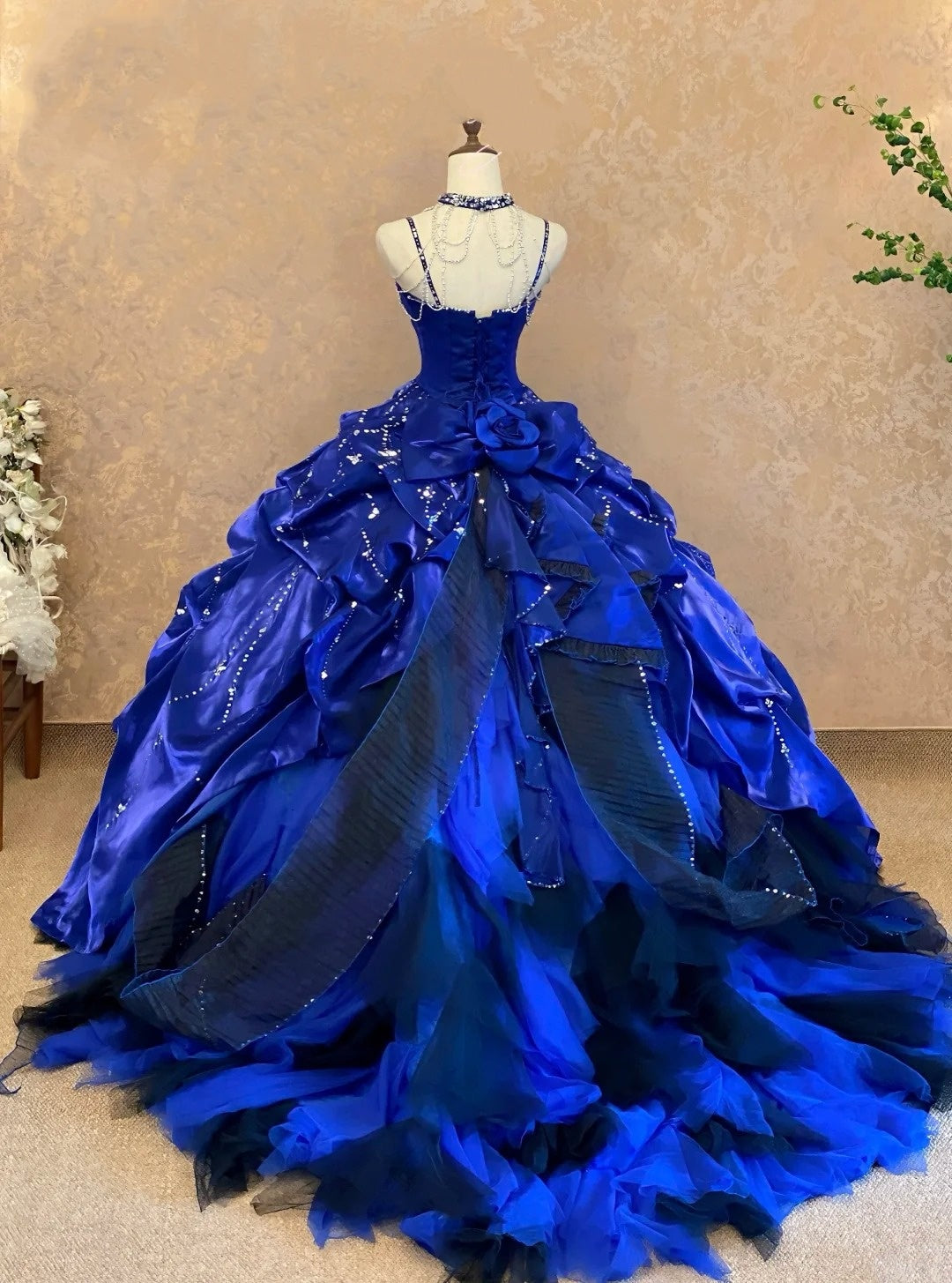 formaldressy-Royal Blue Gradient Satin Strapless Rhinestone-Embellished Floor-Length Court-Style Gown gh6367
