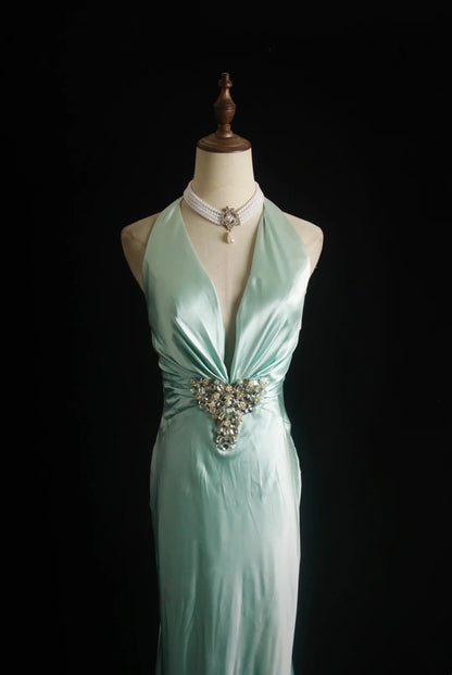 formaldressy-Mint Green Satin Halter Sleeveless Floor-Length Beaded Mermaid Evening Gown gh6307