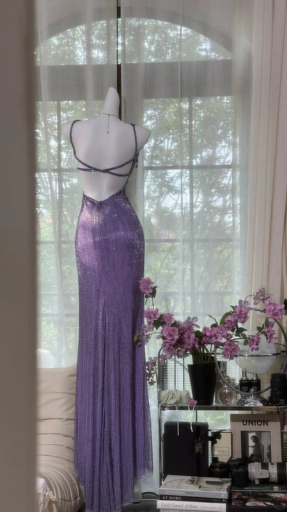 Purple Shiny Evening Dresses, Sleeveless Long Prom Party Gowns With Slit cg25574