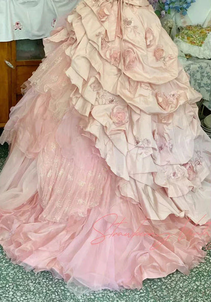 formaldressy--16th Birthday Dress Pink Floral Teen Dress Long Tulle Prom Dress Bar Mitzvah Dress gh5636