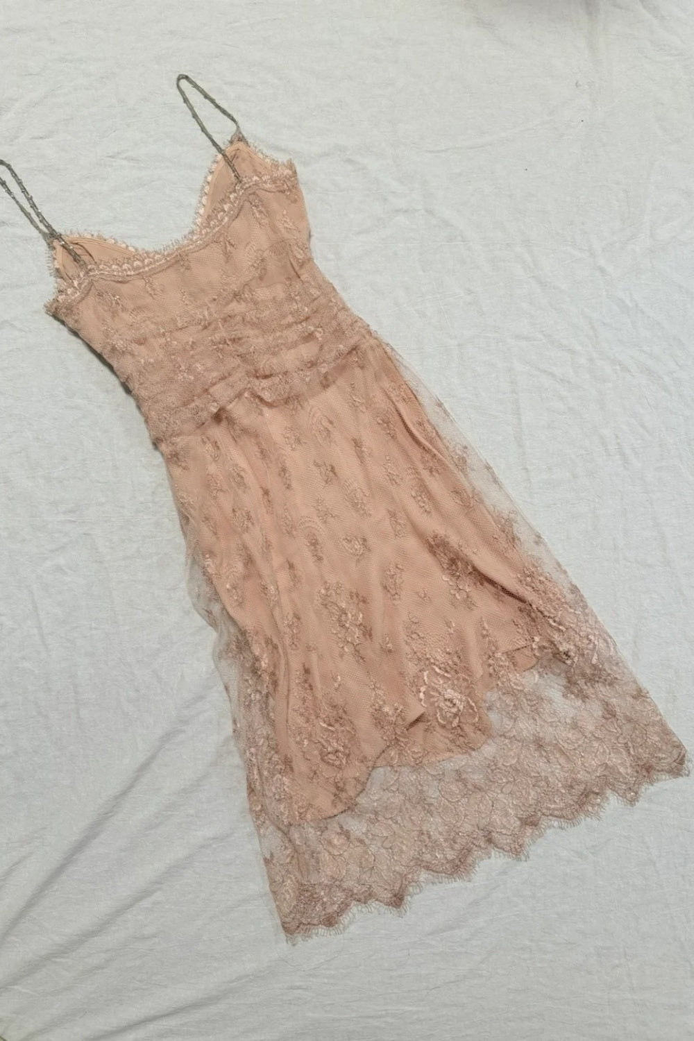 formaldressy-Nude Pink Lace Spaghetti Straps Midi Dress with Beading Detail gh6313