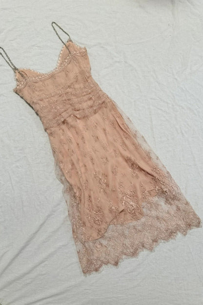 formaldressy-Nude Pink Lace Spaghetti Straps Midi Dress with Beading Detail gh6313