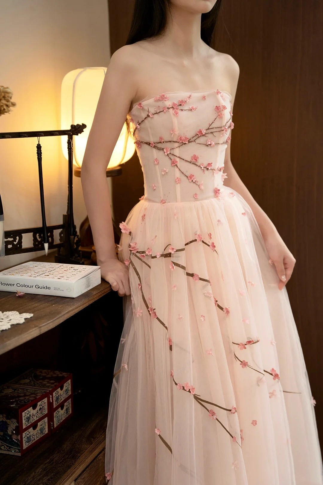 formaldressy- Vintage Peach Pink Plum Blossom 3D Embroidered Strapless Tulle Chinese Style Evening Gown gh6034