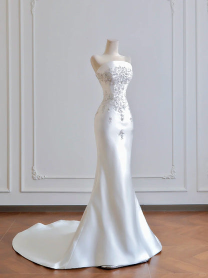 formaldressy--White exquisite beaded long satin prom wedding dress gh5483