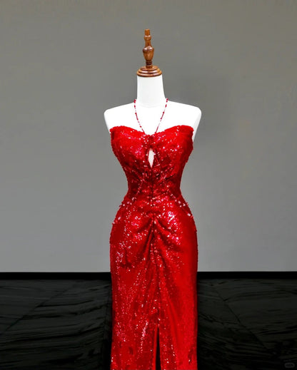 formaldressy-Red sexy suspenders elegant long sequined prom dress evening dress party dress gh5123