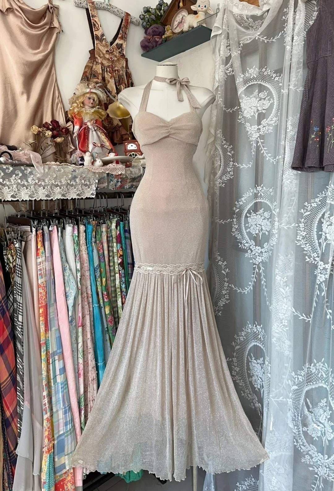 Champagne Mermaid Vintage Evening Dresses, Sleeveless Party Gowns  cg25493