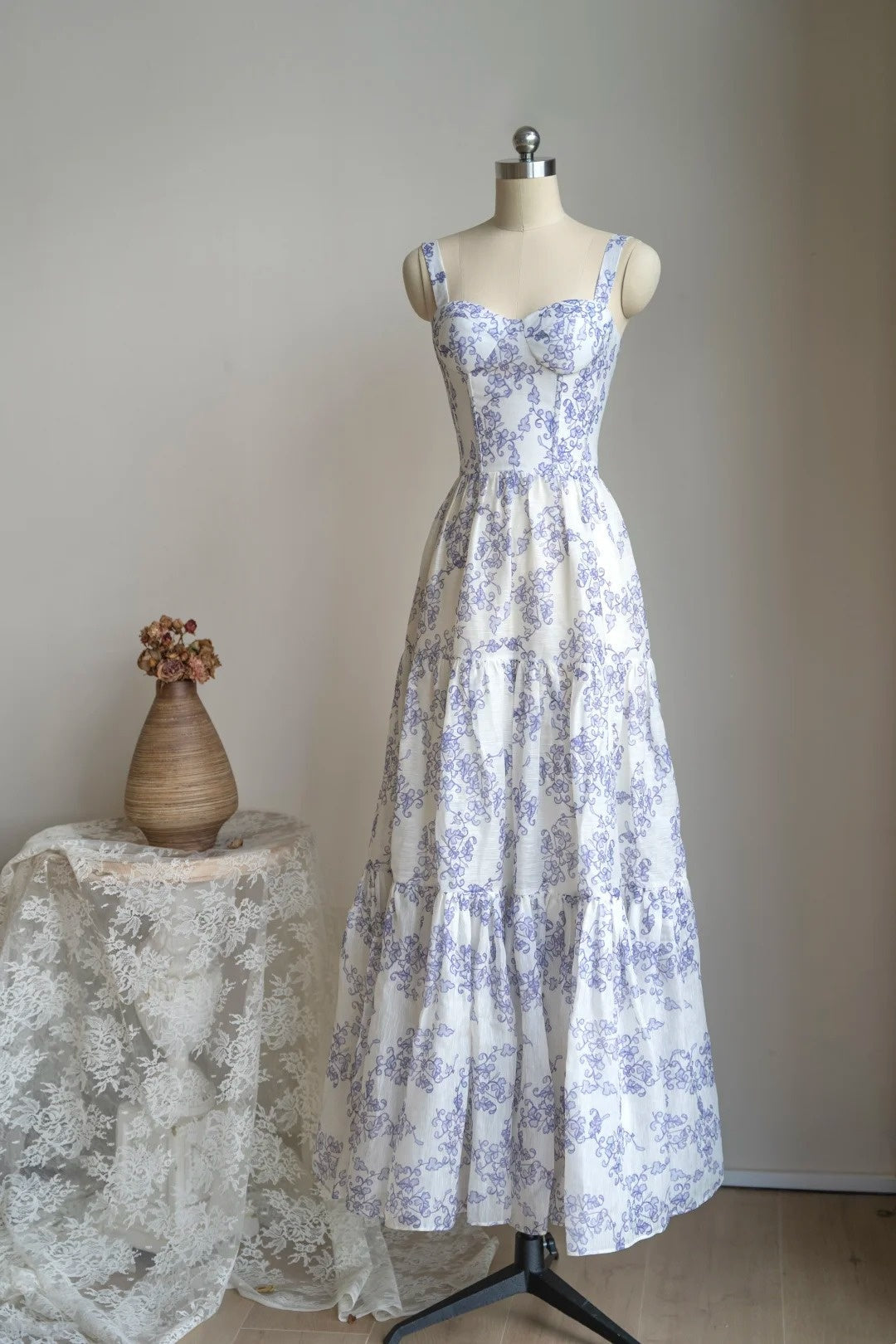 formaldressy- Vintage Blue-White Floral Square Neck Spaghetti Strap Long Style Evening Gown gh6036