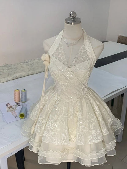 Ivory Tulle Lace Short Party Dress Evening Dress Homecoming Gowns      cg25585