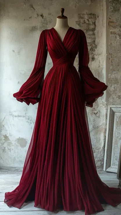 formaldressy-Burgundy Long Sleeve Formal Long Dress Elegant and Modest V-Neck A-Line Chiffon Vintage Long Evening Dress gh5748