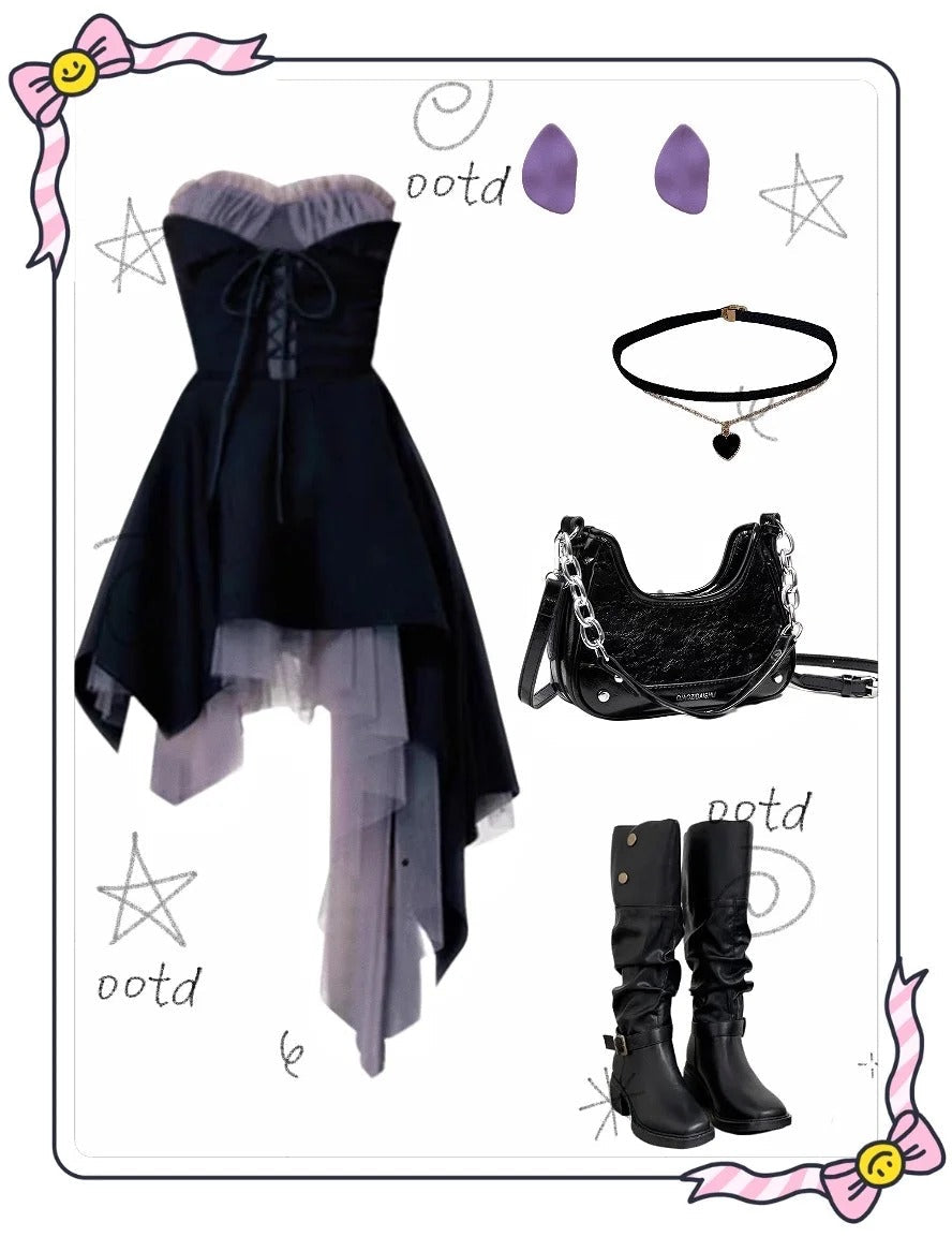 formaldressy--Black purple tulle satin elegant short cool girl homecoming dress fashion gh5734