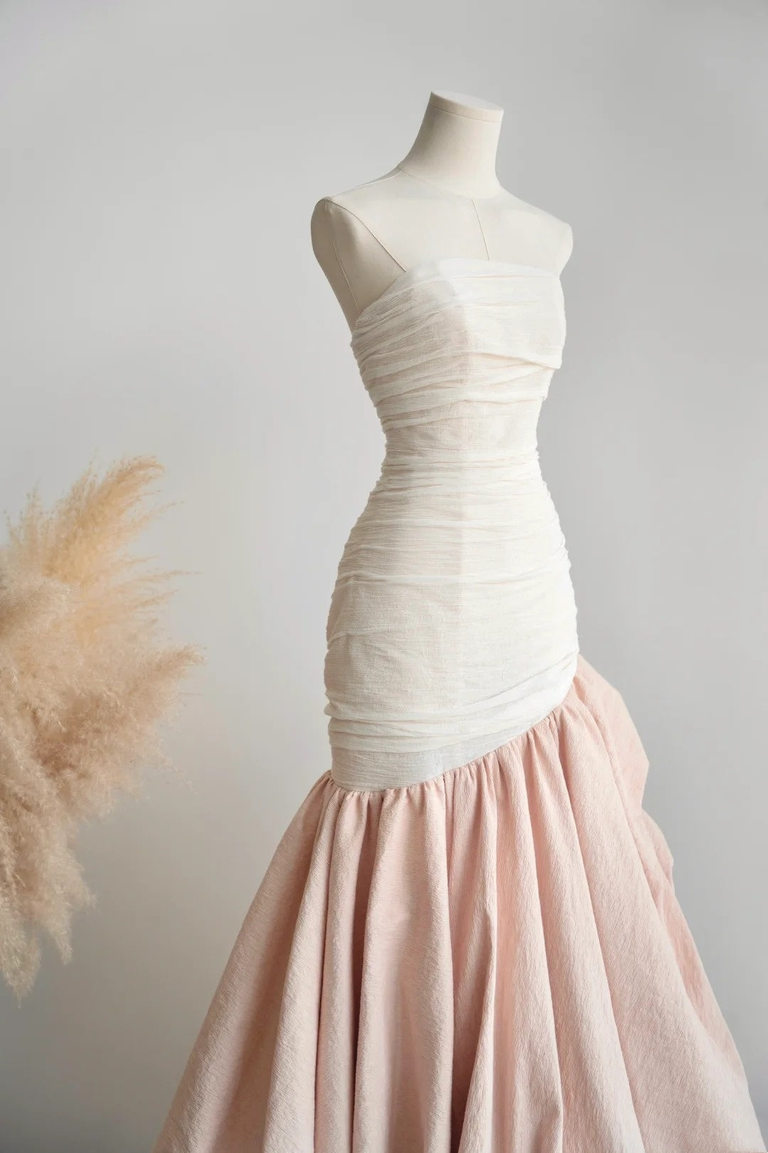 formaldressy- Vintage Pink-White Contrast Ruched Strapless Mermaid Long Evening Gown gh6091