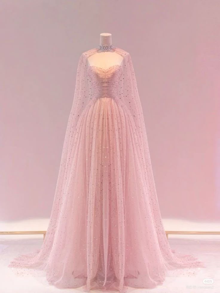 A Line Pink Tulle Sequin Evening Dress Prom Party Dress With Cape    cg25644