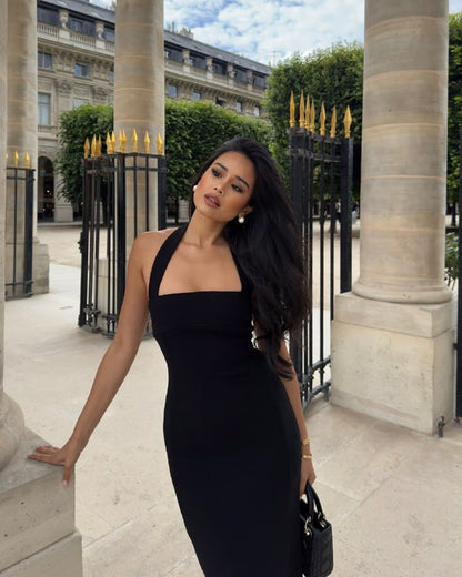 2025 New Elegant Halter Black Backless Sexy Bodycon Maxi Prom Dress Party Gowns    cg25793