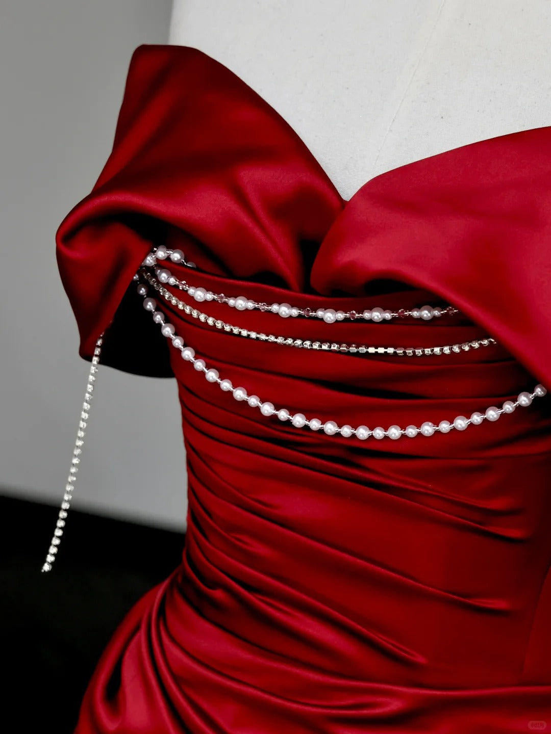 formaldressy -Red pearl beaded long satin prom dress evening dress party dress gh5114