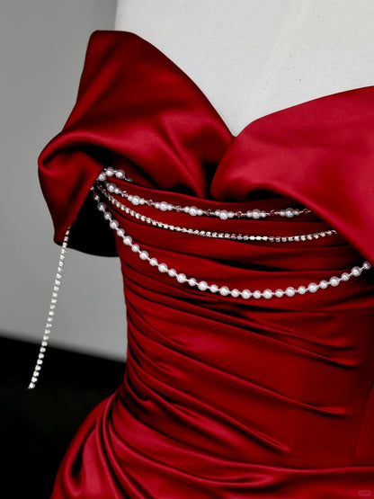 formaldressy -Red pearl beaded long satin prom dress evening dress party dress gh5114