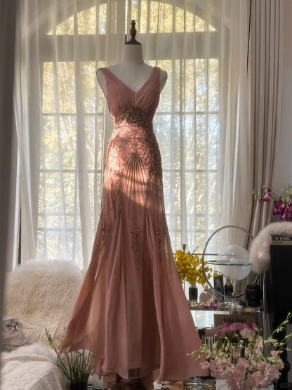 Sexy V Neck Chiffon Vintage Evening Dresses, Sleeveless Long Party Gowns  cg25504