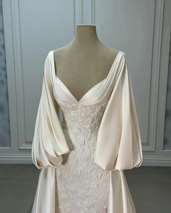 formaldressy-Ivory white long-sleeved satin long floor-length wedding dress prom dress gh5390