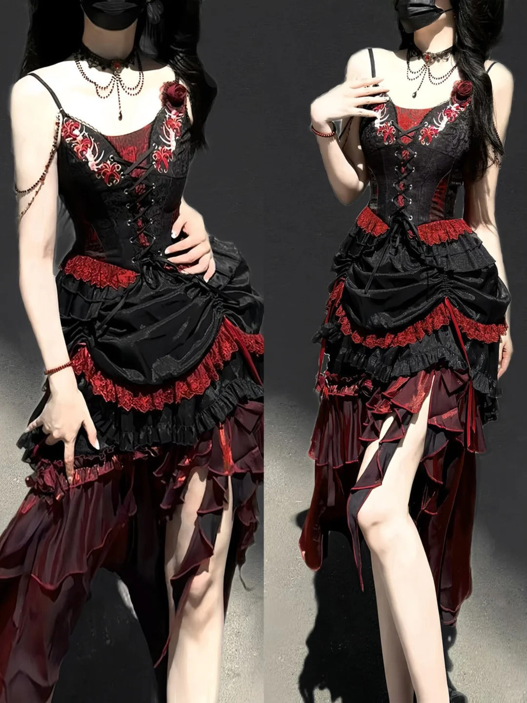 formaldressy-Black red elegant long corset tulle prom dress evening gown gh5345