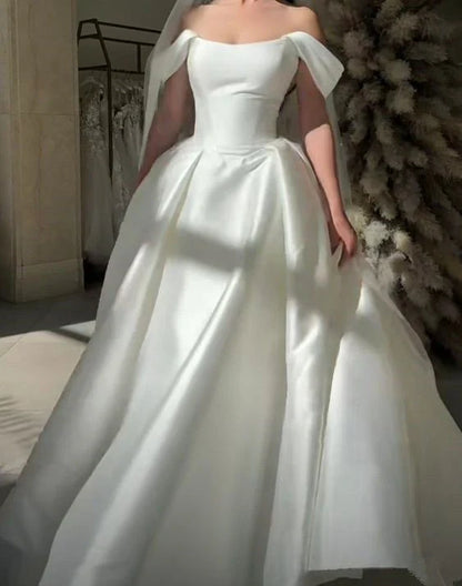 formaldressy-White satin off-the-shoulder long floor-length wedding prom dress gh5392