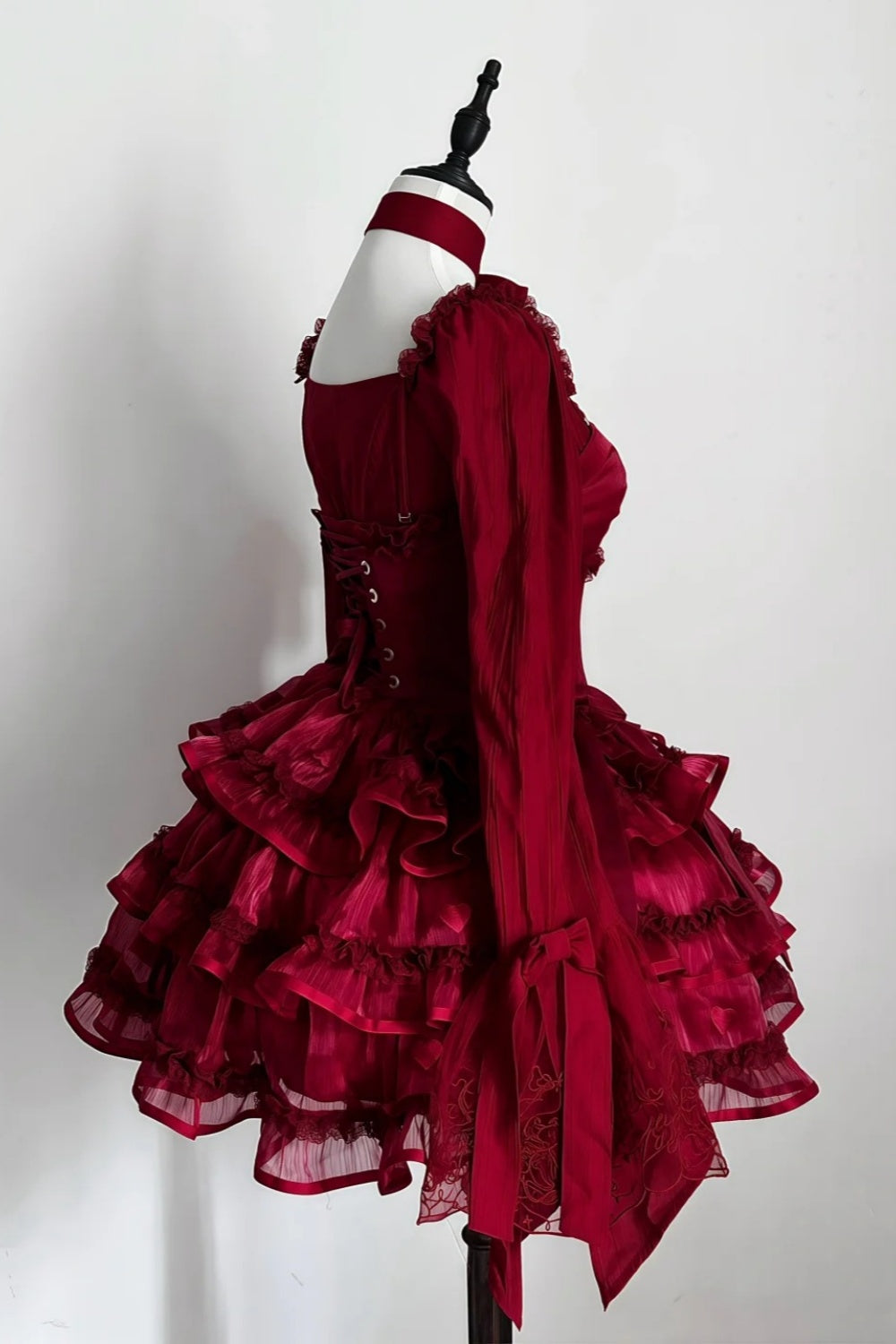 formaldressy-Long sleeve/sleeveless Vintage Wine Red Lolita Bow Lace Tiered Short Party Dress gh6031