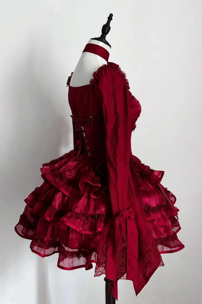 formaldressy-Long sleeve/sleeveless Vintage Wine Red Lolita Bow Lace Tiered Short Party Dress gh6031