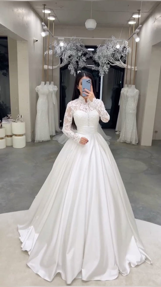 A Line Satin Lace Long Wedding Dress Bridal Gowns     fg6658