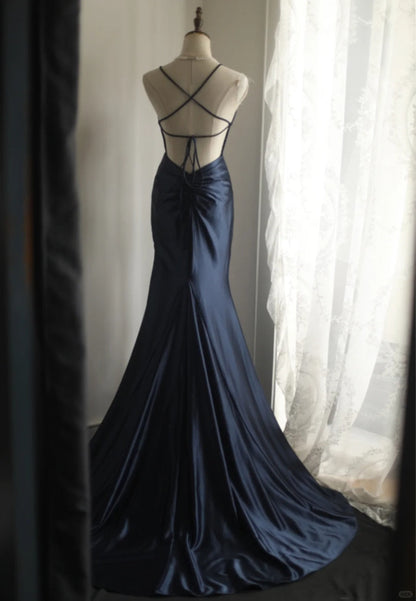 Navy Blue Satin Simple Prom Party Dresses Unique Long Evening Dress   cg25946