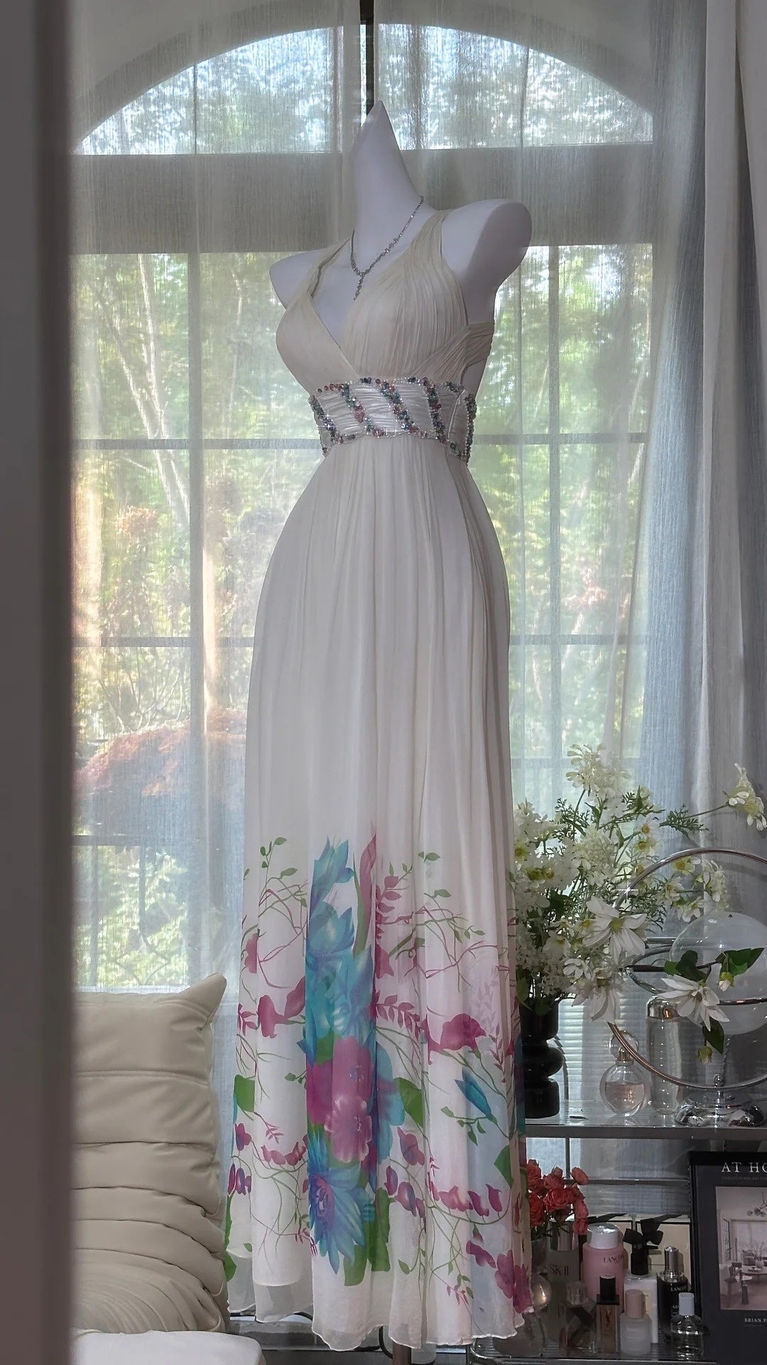 formaldressy-Elegant Sweet And Romantic Light Luxury Rhinestone - Decorated Floral Deep V - Neck Open - Back Long Gown gh5842