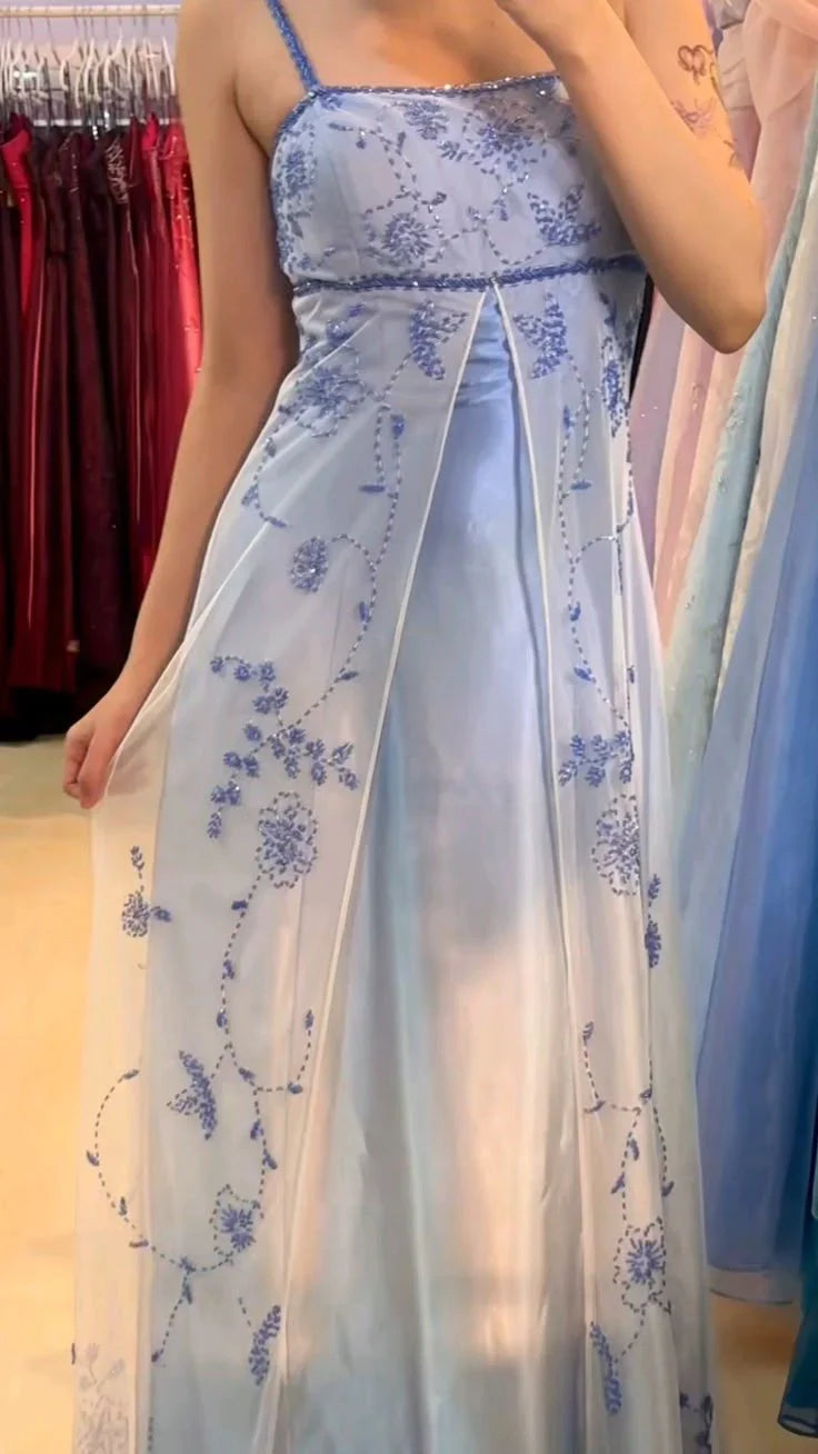 formaldressy--Blue and white exquisite floral strap fashion long tulle floor-length ball gown graduation dress gh5520