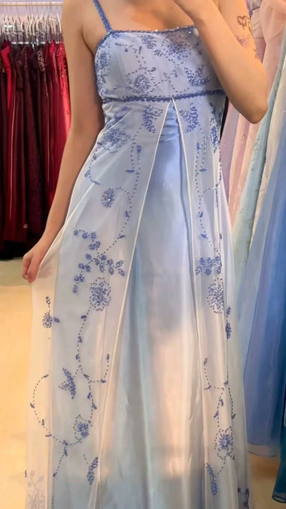 formaldressy--Blue and white exquisite floral strap fashion long tulle floor-length ball gown graduation dress gh5520