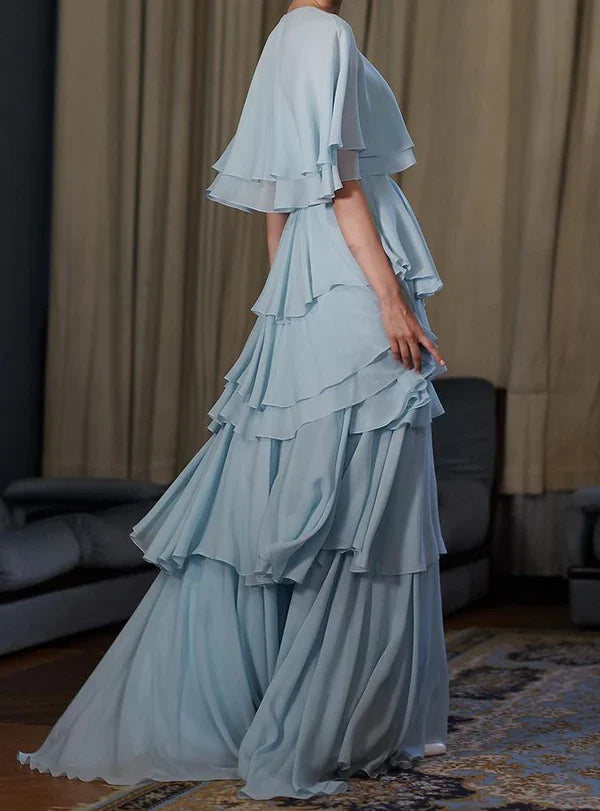 formaldressy-Blue cape-style gown with flowing chiffon ruffles, long prom dress gh5753