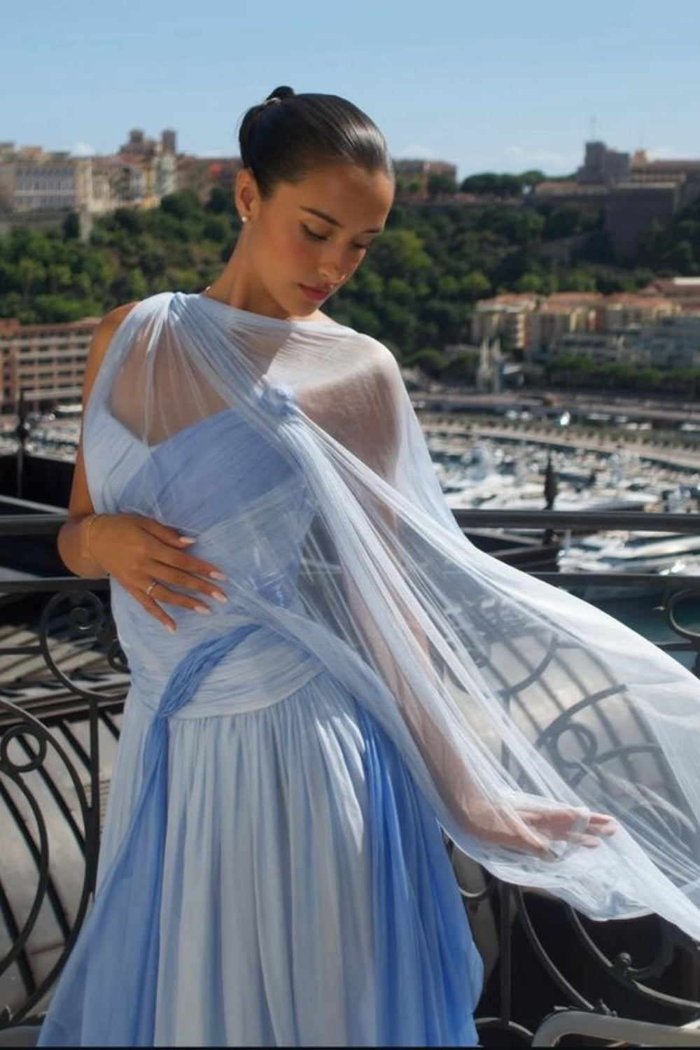 formaldressy-(Includes Scarf)Soft Blue Elegant Classic Dress Gradient Dress gh6327