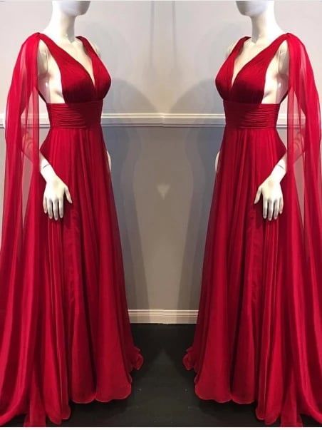 formaldressy-Red fashion V-neck long tulle floor-length prom dress evening dress gh5425